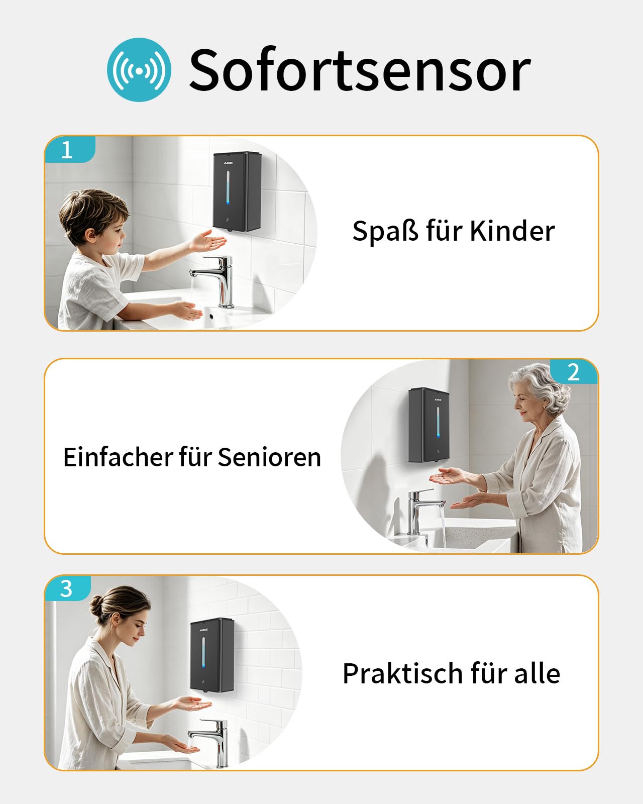 AIKE Square Automatischer Seifenspender Für Flüssigseife, 1000 ML Wandmontiert, Edelstahl-Optik, AK1207