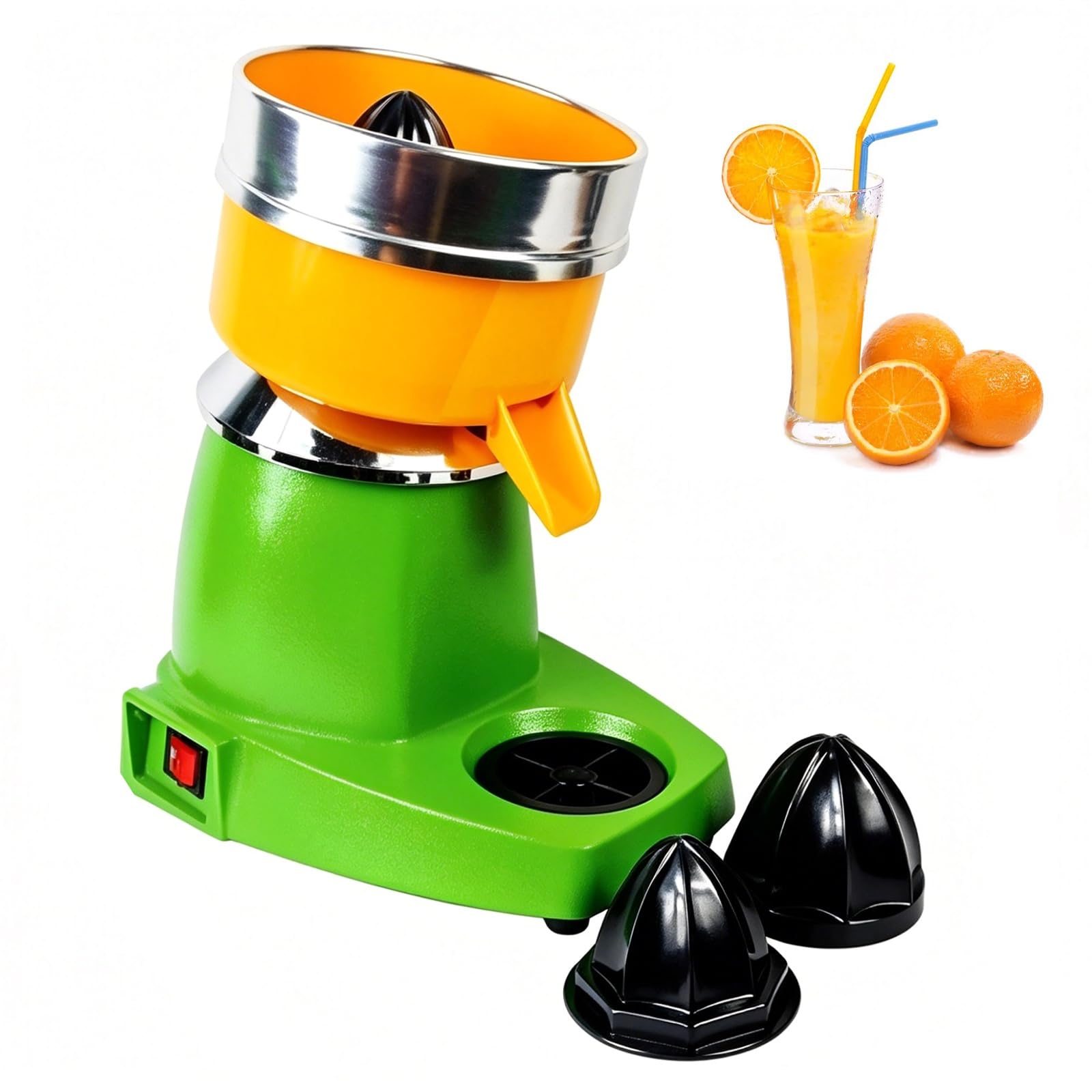 Exprimidor de Naranjas Eléctrico Comercial, Extractor de Cítricos de Gran Calibre con 3 Tamaños de Conos de Prensa, 250W 1400RPM, Filtro Separador de Semillas, Ideal para Bares de Jugos