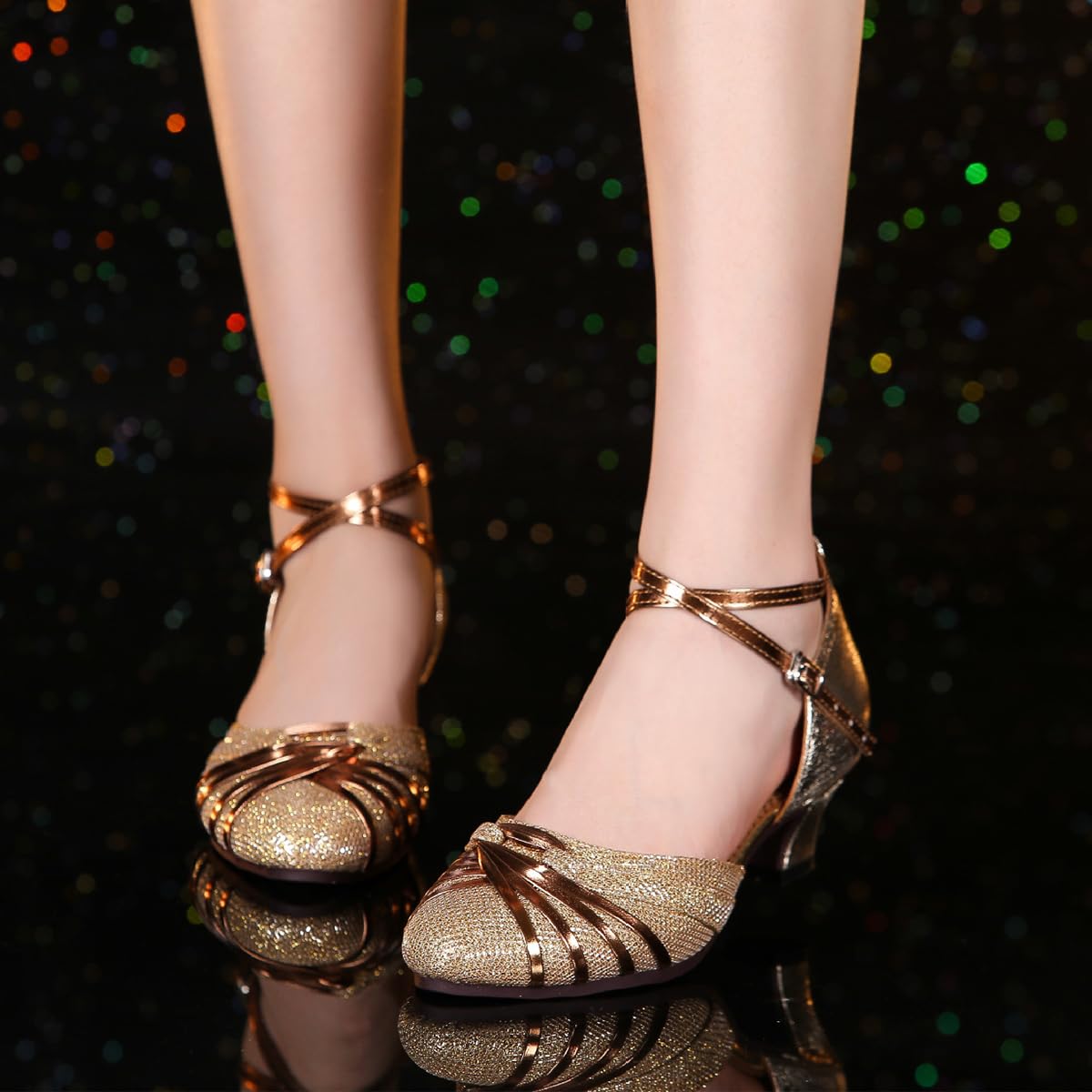 Damen Tanzschuhe Standard Latein Fersen Geschlossene Zehen Gummi Sohle(Gold 3.5cm.40 EU Normal)