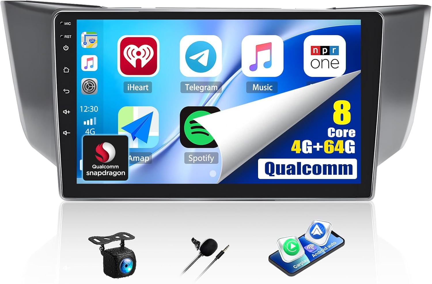 8 Core 4G+64G Qualcomm Car Stereo for Lexus RX300/RX330/RX350/RX400H 2004-2009: Android 15 Car Radio with Carplay Android Auto，9 inch IPS Touch Screen, Bluetooth5.1, GPS, Dual-Band WiFi, Rear Camera