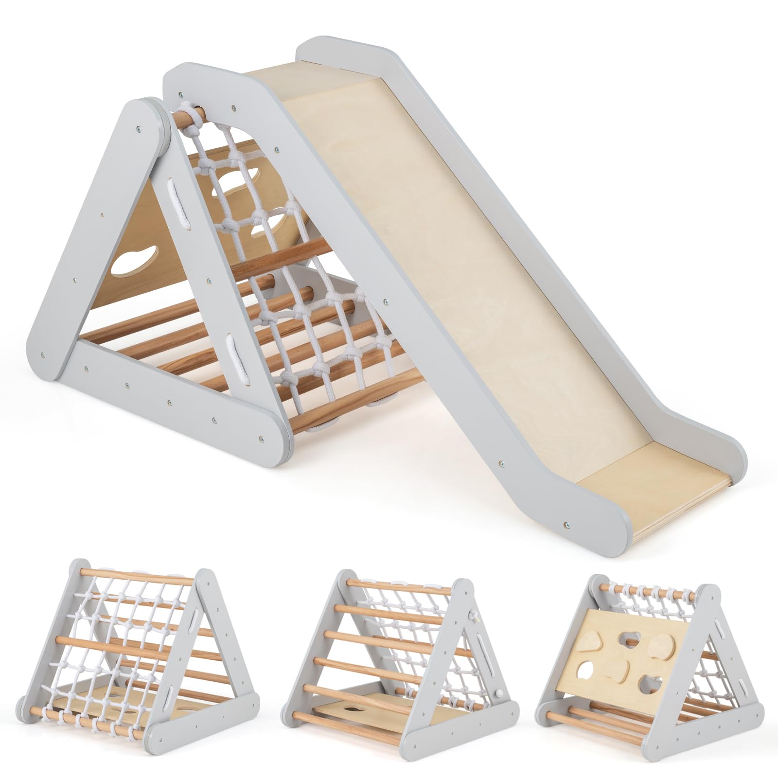 RELAX4LIFE 4 en 1 Trepa Triángulo de Madera con Rampa, Red de Escalada, Escalera y Tablero, Escalada Triángulo Infantil con Tobogán para Sala de Estar, Habitación de Niños, Guardería (Gris)
