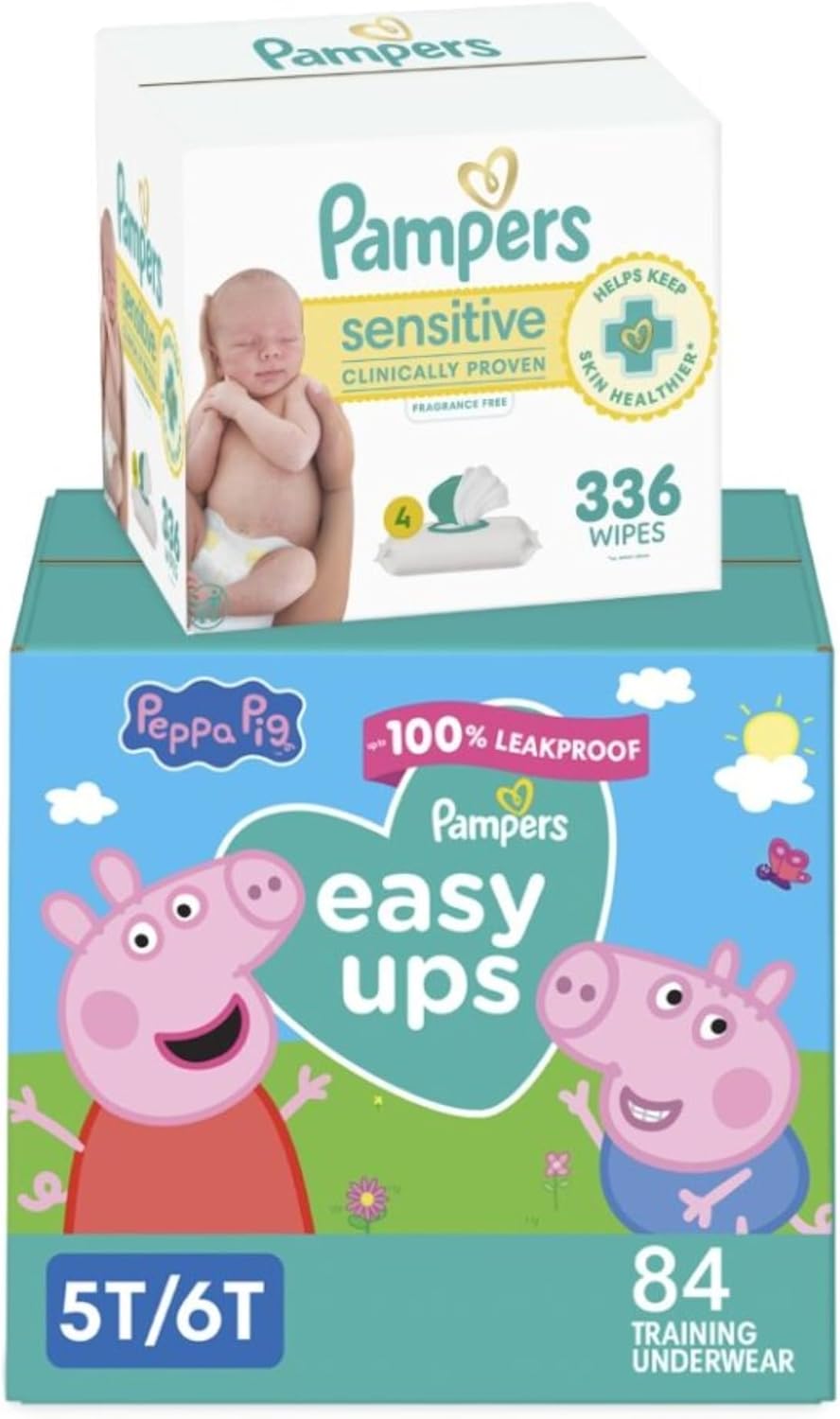 Pampers Easy Ups and Baby Wipes - Pull On Disposable Potty Training Underwear for Girls and Boys, Size 7 (5T-6T), 84 Count, ONE MONTH SUPPLY with Sensitive Wipes, 6X Pop-Top Packs, 336 Count