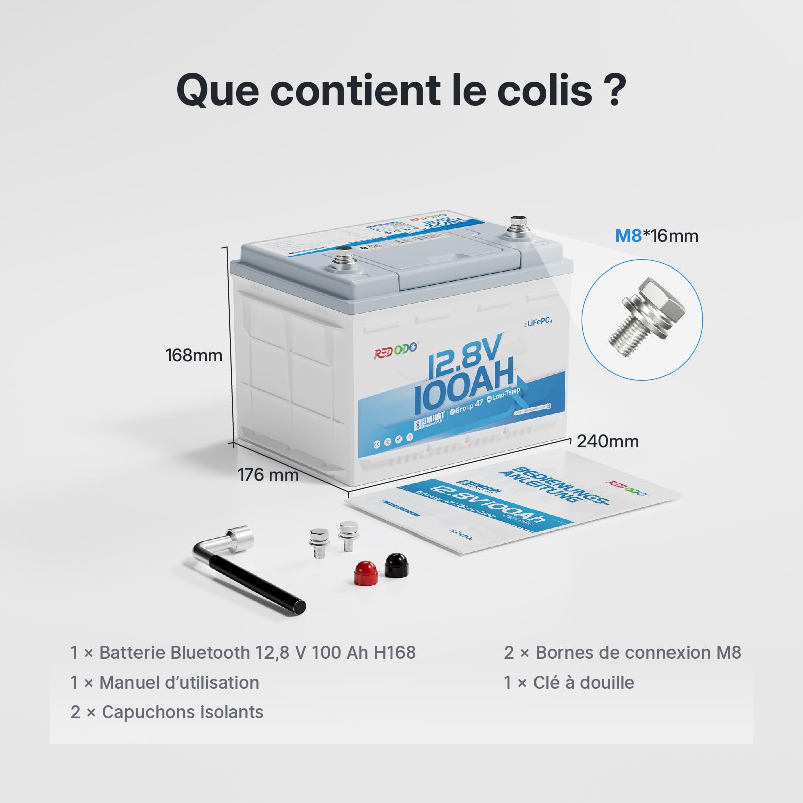 Redodo 12V 100Ah Group47 Batterie LiFePO4 avec Bluetooth 1280Wh BMS 100A | Batterie Lithium avec Basse Température Hauteur 168mm Installable Sous Siège de Camping-car IP65 Convient Aussi Pour Bateau