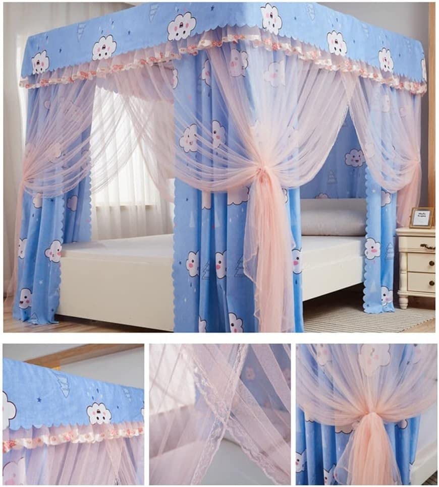 Mosquitera de cama de princesa con 4 postes azul de 180x220 cm 2