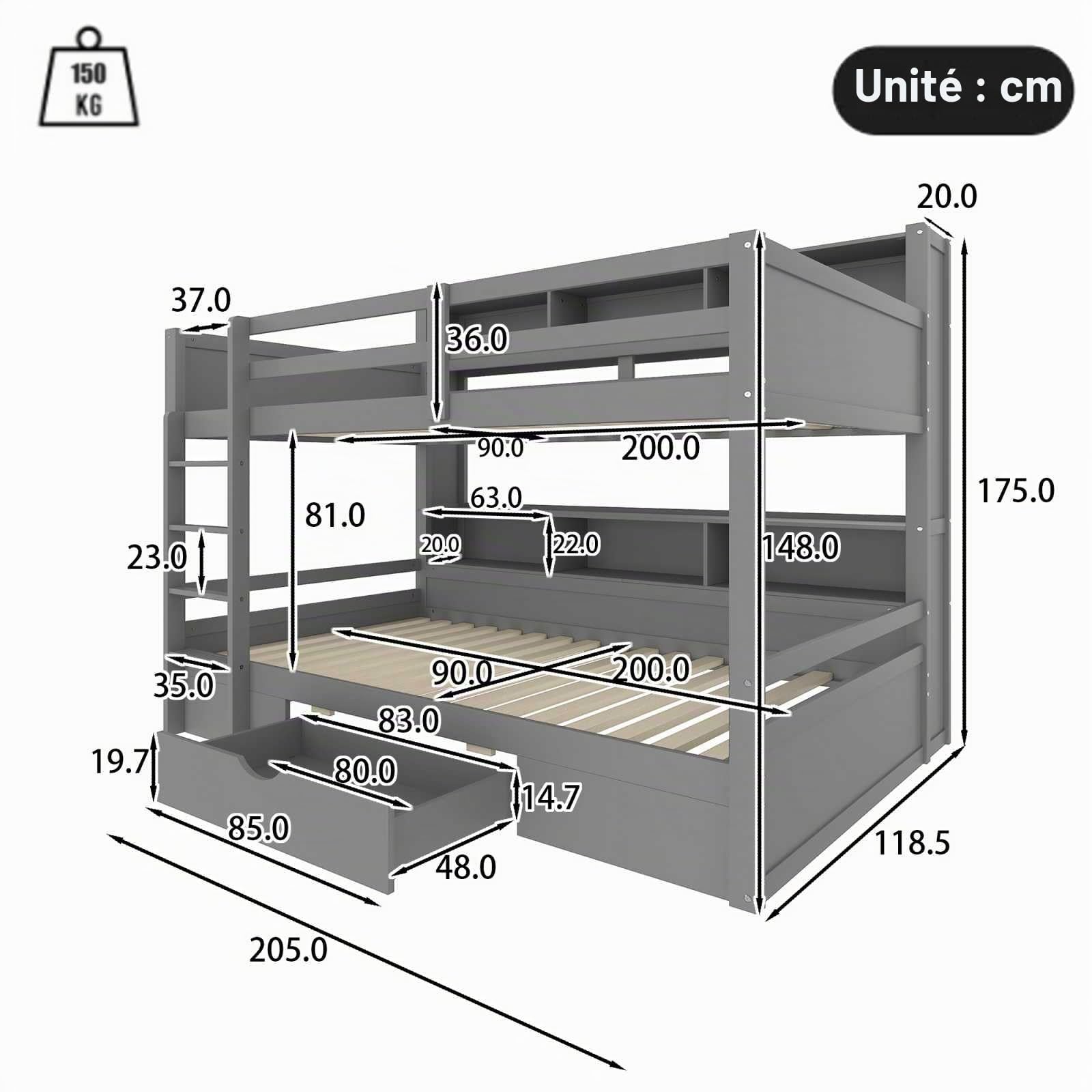 YEHTOKHOME Lit superposé Moderne 90x200cm avec tiroirs et escaliers, Multifonctionnel lit en Bois avec Compartiments de Rangement et Garde-Corps(sans Matelas) (Gris)