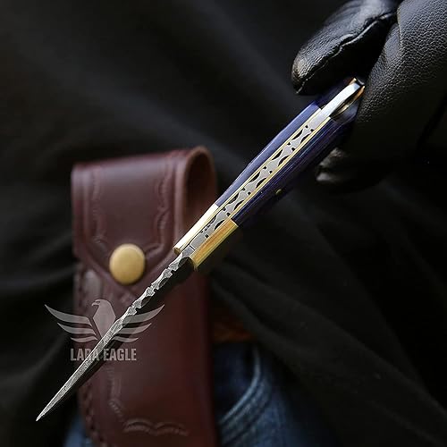 Vista 35 de Navaja de bolsillo personalizada de Damasco para hombres, cuchillos de caza plegables hechos a mano de acero sólido de 133 capas con afilador