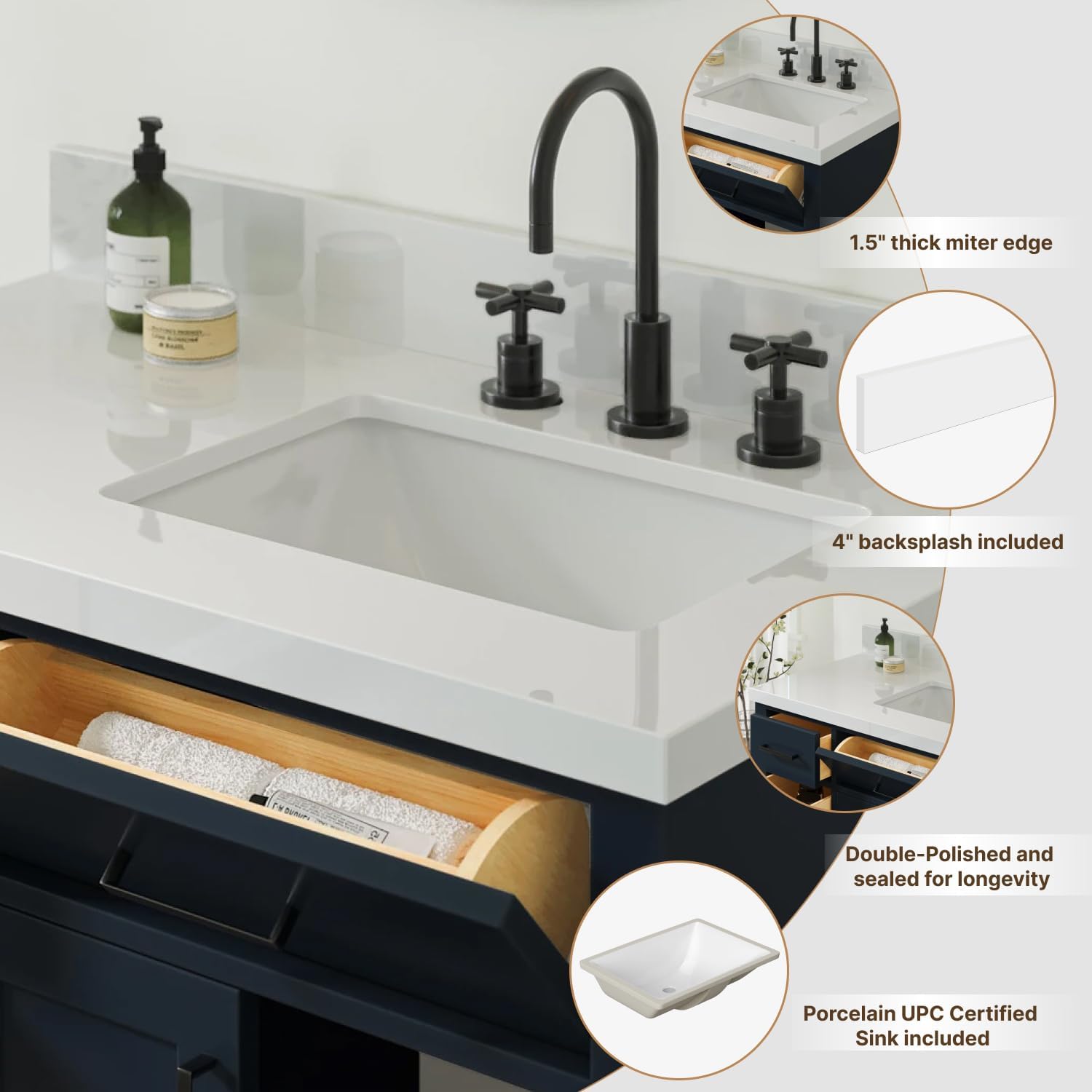 ARIEL 43 inch Bathroom Vanity top with Sink, 1.5 Inch Thick Miter Edge White Quartz top, Right Offset Vanity top with Rectangle Porcelain Sink, Includes Backsplash