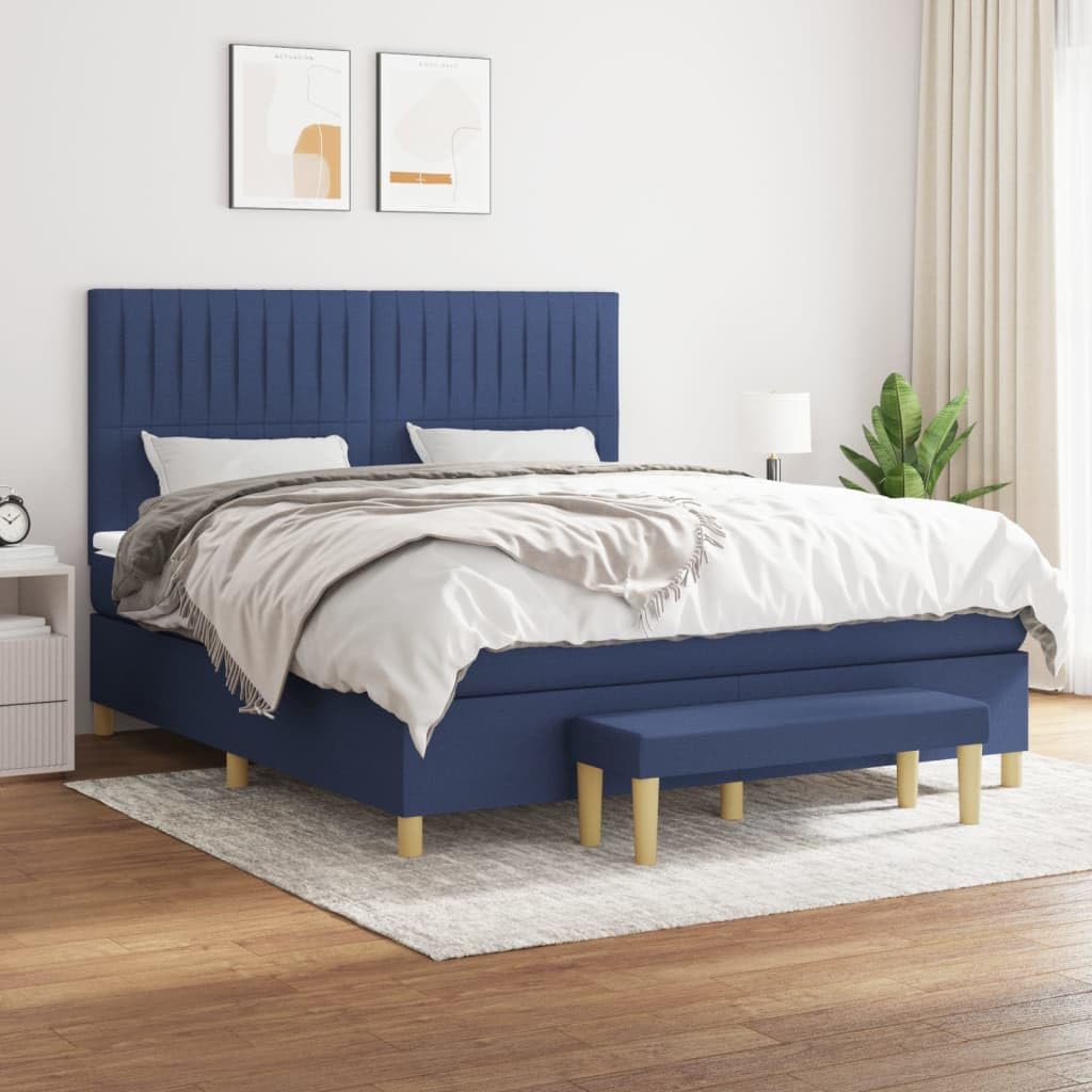 Cama con somier de 180 x 200 cm, tejido azul, colchón de muelles ensacados, juego completo, cabecero de altura ajustable para dormitorio, habitación de invitados, accesorios para el hogar