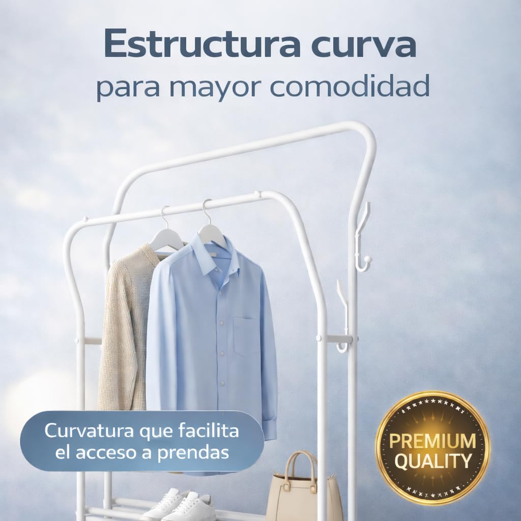 T-LOVENDO.ES Perchero Burro Doble Ropa Metálico Negro con Zapatero Inferior | Estante con Estructura Curva | Barra Colgador Resistente | Dormitorio Vestidor Entrada Organizador de Ropa y Zapatos — view 6