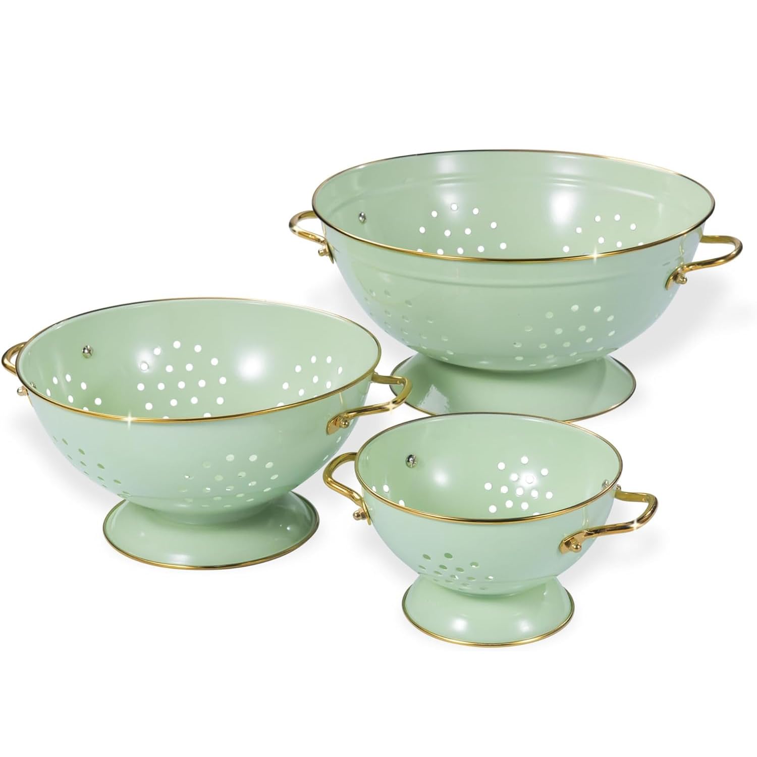 beifeier Colander for Kitchen- 1 & 3.5 & 5 Quart, Metal Colander Set with Handle and Base, Kitchen Essential Strainer for Draining Pasta Fruits Vegetables, Dishwasher Safe (Green)
