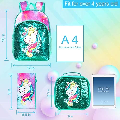 Vista 3 de 3 mochilas de unicornio para niñas, 16 pulgadas, con lentejuelas, con lonchera, bolsas escolares para preescolar primaria, jardín de infantes