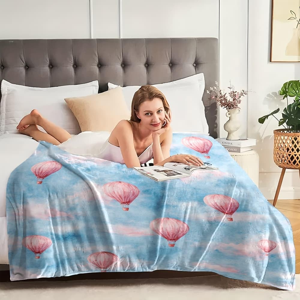 Koc polarowy, sherpa, puszysty, flanelowy, super king, 180 x 220 cm, romantyczny akwarela, balon na gorące powietrze, miękki, ciepły, przytulny, narzuta, koc, niebieski, do sypialni, salonu, biura