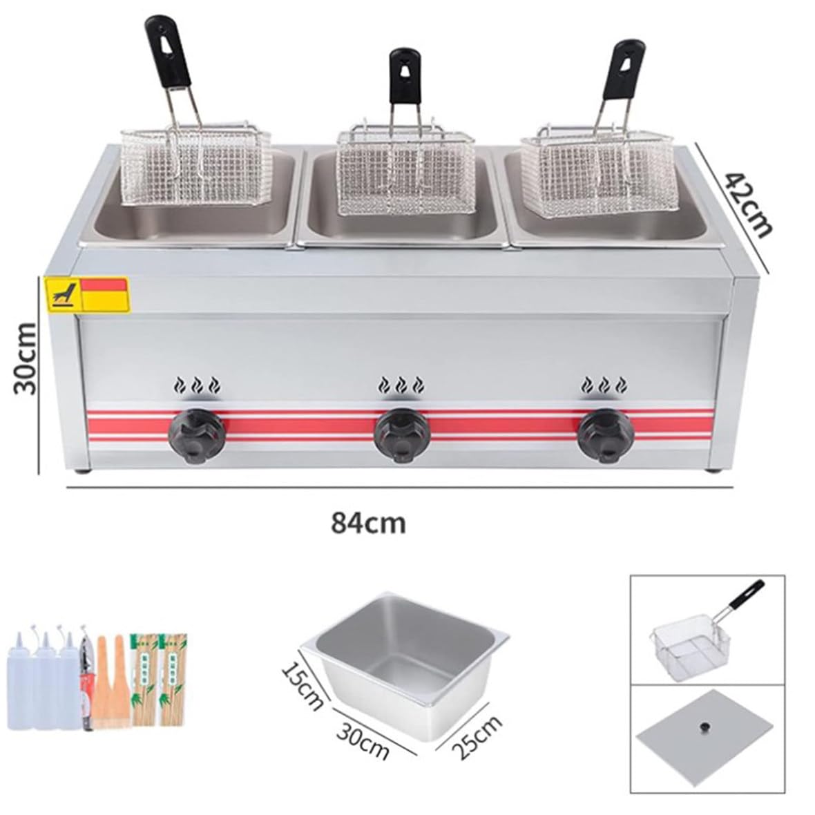 Friggitrice a Gas Professionale, friggitrice Professionale in Acciaio Inox con cestelli e coperchi, per Cucina Domestica, Ristorante Commerciale, 10 l (10 l + 10 l + 10 l
