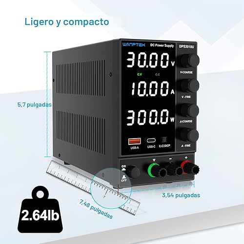 Miniatura 5 de Fuente de alimentación CC variable 0-30V 0-10A, fuentes de alimentación de banco reguladas de conmutación ajustable con codificador grueso y perilla