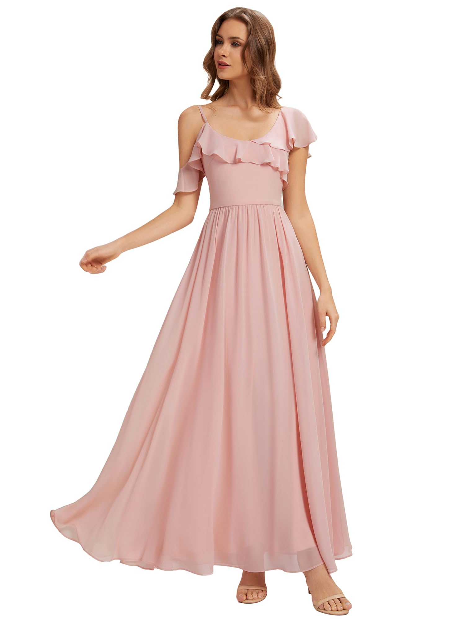 Ever-Pretty Brautjungfernkleider Lang Rüschen Elegant Abendkleide V-Ausschnitt Kurzarm ES02709