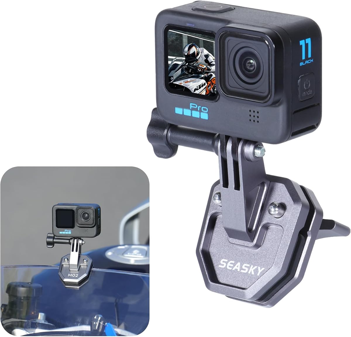 SEASKY M02 Action Camera Motorcycle Windshield Clamp Mount for Gopro 13/12 | All Aluminum Metal Motorbike Windscreen Accessories for Gopro Hero11/10/9/8/7 DJI Action 6 5 4 Insta360 Ace Pro 2
