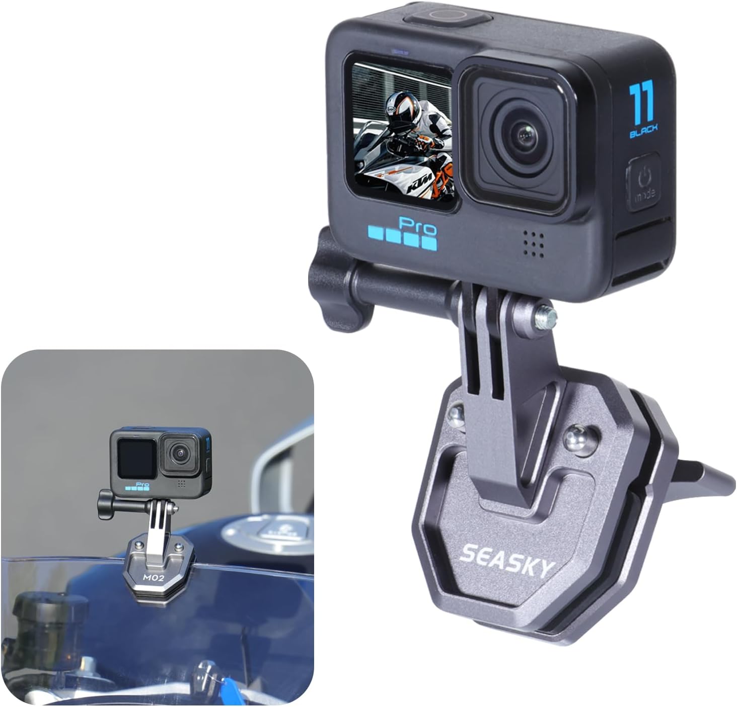 SEASKY M02 Motorbike Motorcycle Windscreen Clamp Mount Accessories All Aluminum CNC for Gopro Hero 13 12 11 10 9 8 7 for DJI Action 6 5 4 3 2 for insta360 Ace Pro 2 Sports Action Camera