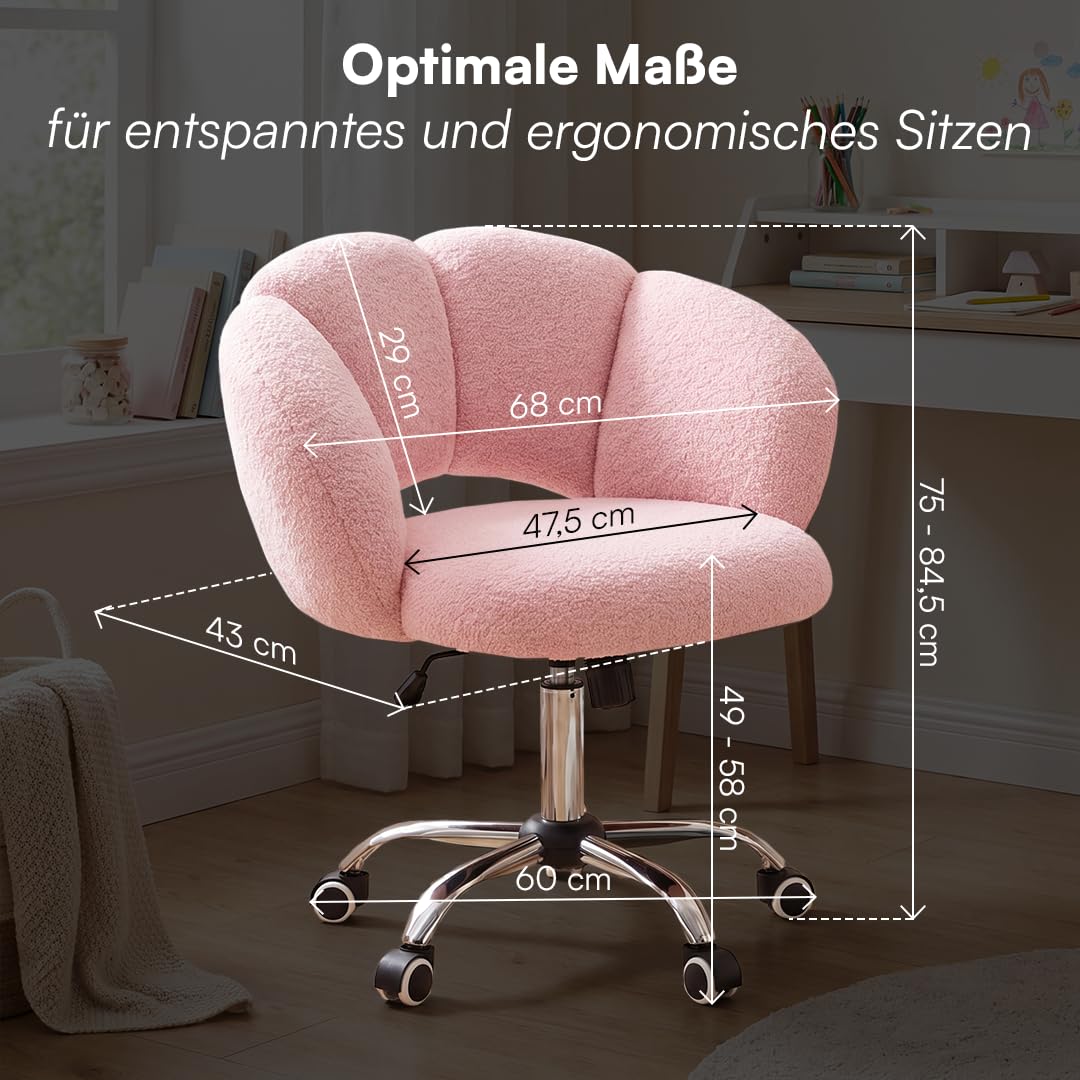 Bellabino Meli Kinderschreibtischstuhl in Wolkenform rosa – 360° Drehstuhl für Kinder- & Jugendzimmer – ergonomischer Kinderstuhl höhenverstellbar – gepolsterter Kinder Schminktischstuhl mit 5 Rollen