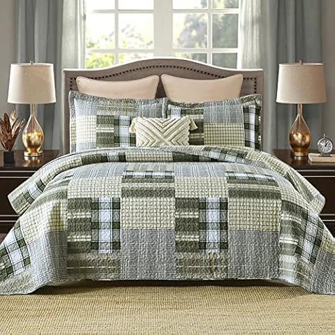 Finlonte Cotton Quilt King Size - Green White King Size Quilt, Patchwork Plaid Quilted Bedspread, Lightweight Reversible Quilt Bedding Set for All-Season, 3 Piece Cover