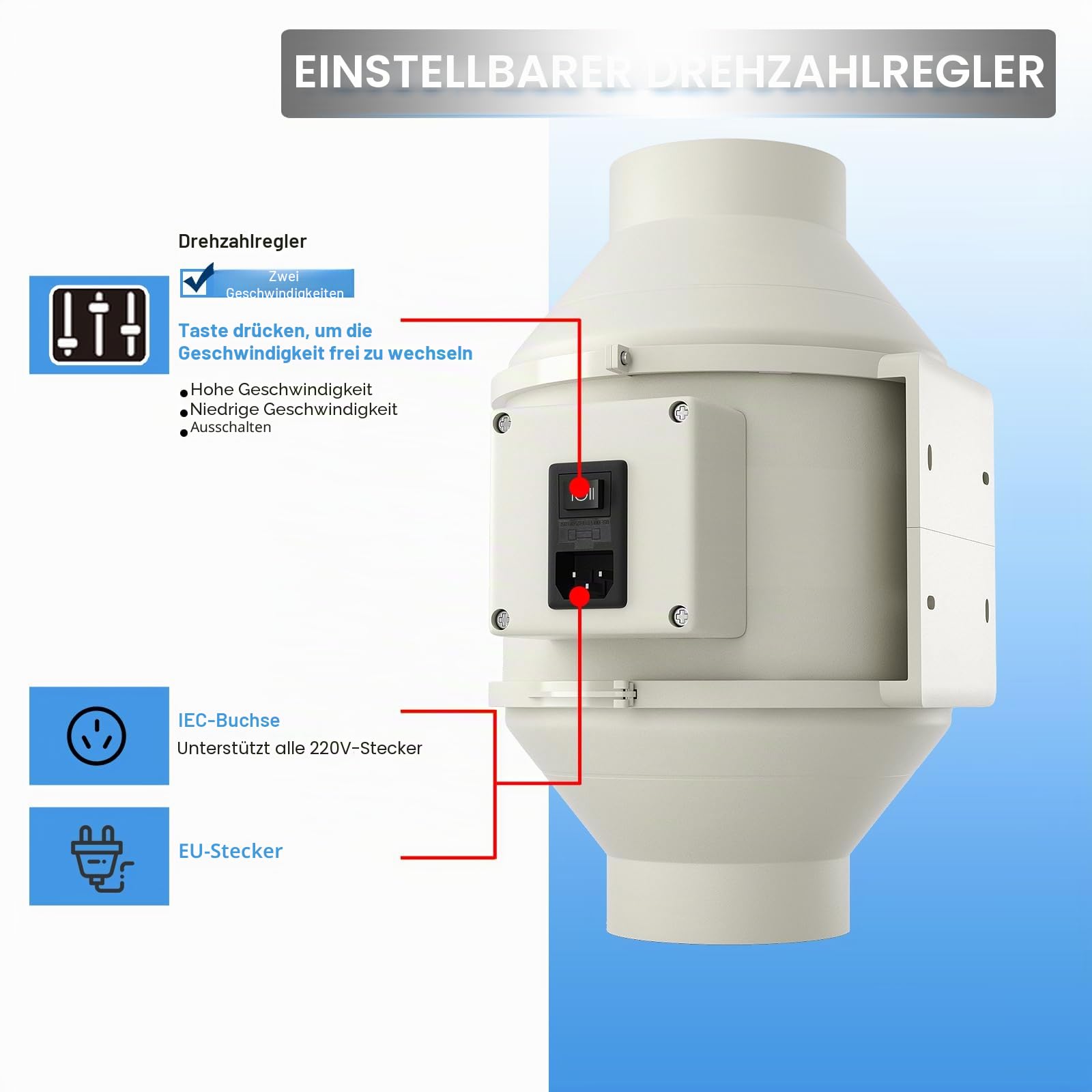 FanGoFast Rauchabzug Rohrventilator 100 mm Inline-Kanalventilator Abluftventilator Rohrlüfter 230 V Leise mit IEC-Steckdose EU-Stecker + 1,5 m EU Netzkabel für Badezimmer, Büro, Wachstumsräume