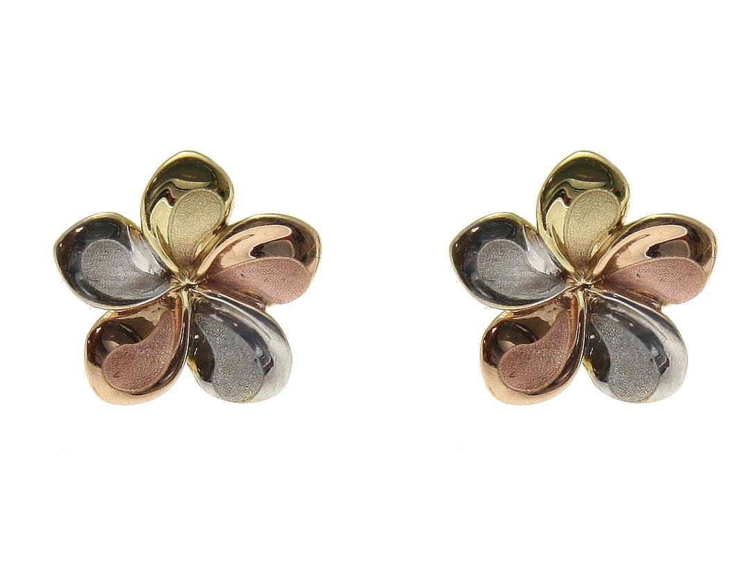 14K solid tricolor gold Hawaiian 11mm plumeria flower stud earrings