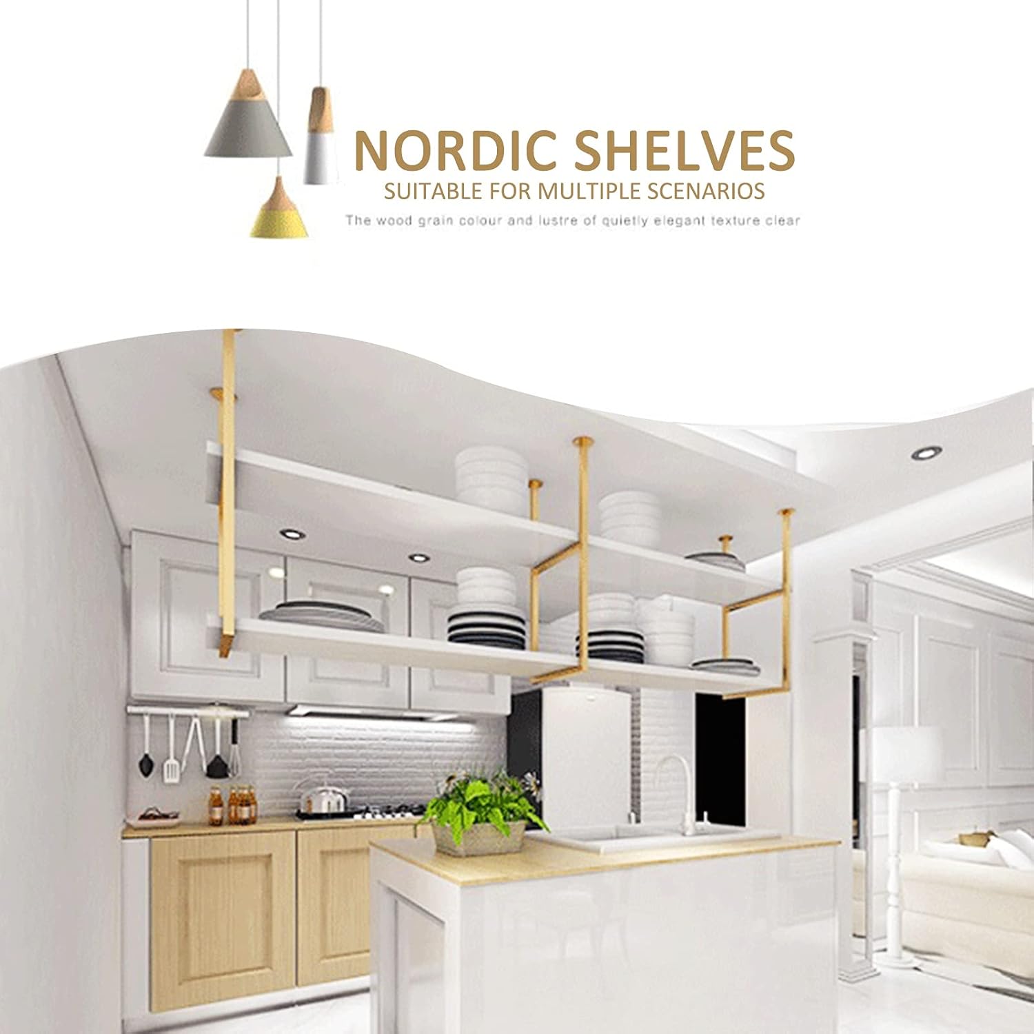 Hanging Ceiling Pot Pan Rack Kitchen Storage Shelving with White Wood Shelf and Gold Metal Iron Frame 60cm/80cm/120cm/150cm Floating Wine Holder Flower Stand Display Rack for Home