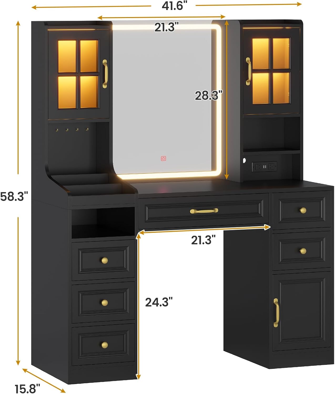 BTHFST Black Vanity Desk with Touch Screen Mirror and Lights & Charging Station, Large Makeup Vanity with RGB Light Cabinets, 6 Drawers, 5 Jewelry Hooks, Vanity Table with Lighted Mirror Modern Black