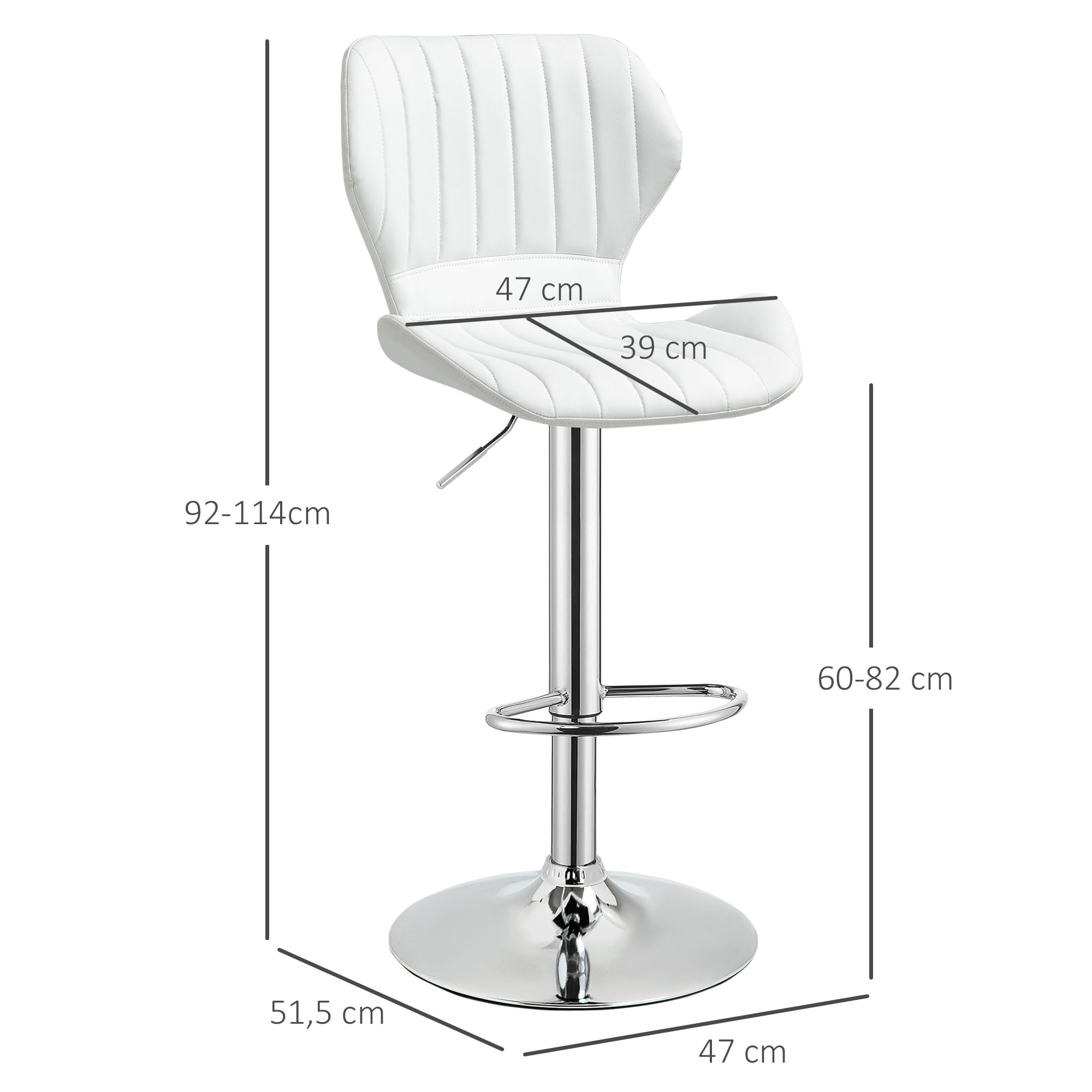 HOMCOM 2 Taburetes Altos de Cocina Giratorio 47x51,5x92-114 cm Blanco | Taburetes Altos de Cuero Sintético, con Respaldo, Estructura de Metal