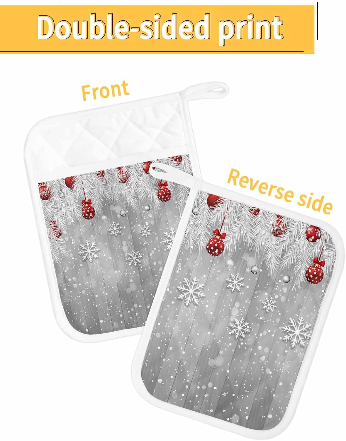 4PCS Pot Holders with Pocket for Kitchen, Christmas Snowflake Pot Holder Set Heat Insulation Potholders, Xmas Balls Farmhouse Wooden Grain Grey Oven Mitts Hot Pads for Baking Cooking Barbecue