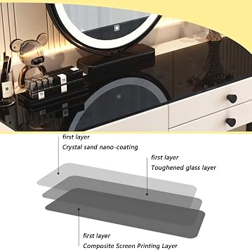 Dressing Table Set with Wireless Charging, Bluetooth Speaker, and Dimmable LED Mirror - Vanity Desk with 5 Drawers and Cushioned Stool for Bedroom Decor