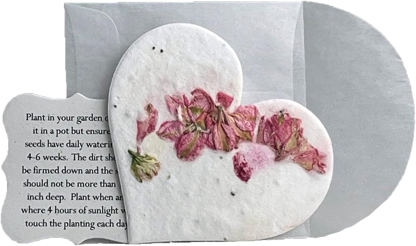 Of The Earth Handmade Paper - Wildflower Seed Paper Large Heart Tags - Glassine Envelope & Planting Guides Included - Set of 48 (24s Pink Petal)