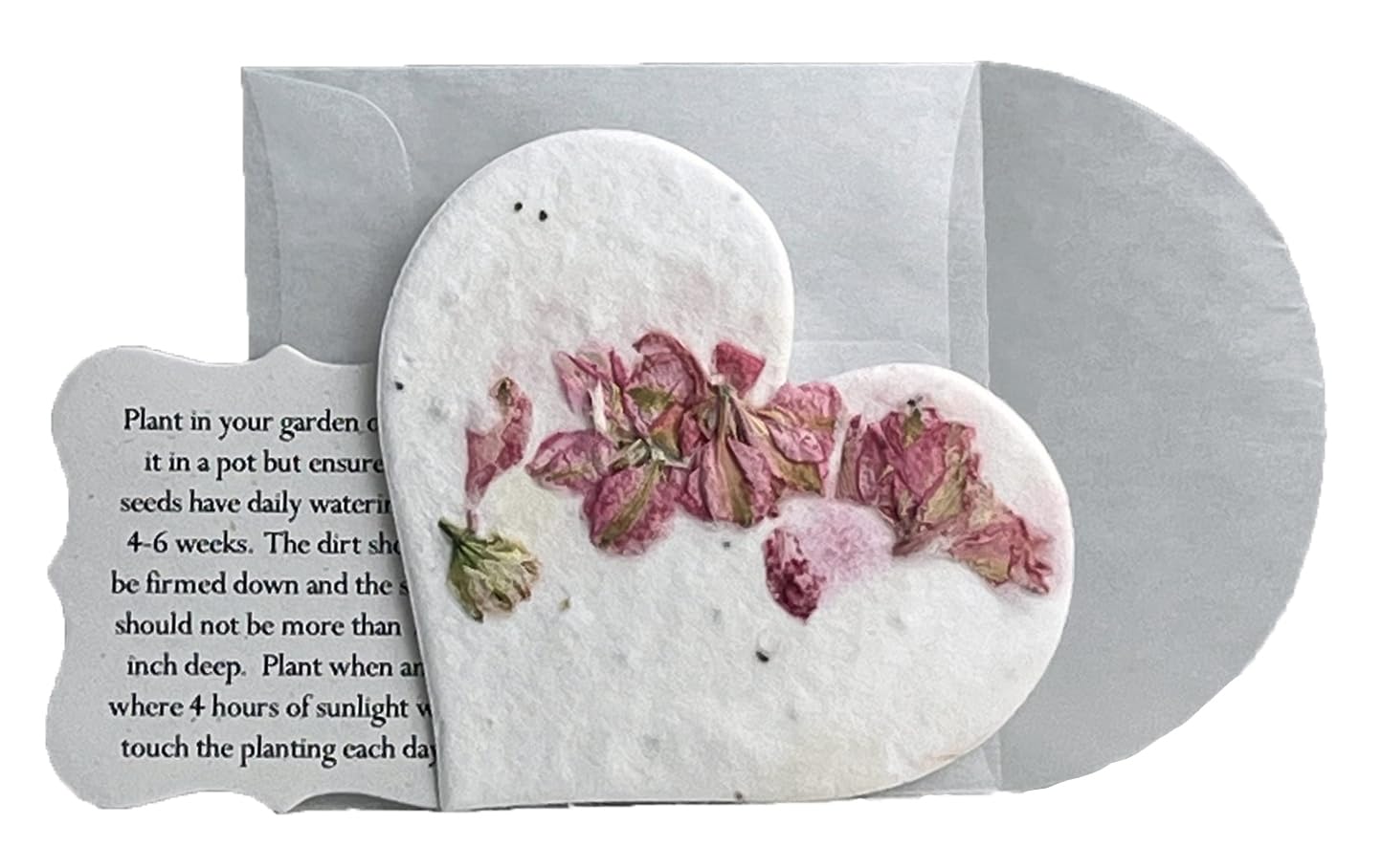 Of The Earth Papier fait à la main – Grandes étiquettes en papier de graines de fleurs sauvages en forme de cœur – Enveloppe Glassine et guides de plantation inclus – Lot de 48 (24 pétales roses)