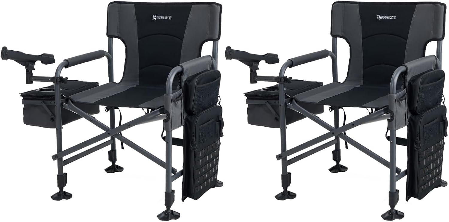 X Strike 2 Pack Fishing Chairs with Rod Holder, Folding Ice Fishing Chair for Adults Outdoor Camping Chair Leg Adjustable with Cooler Bag and Storage Bag for Camp, Lawn, Patio, Garden (Black)