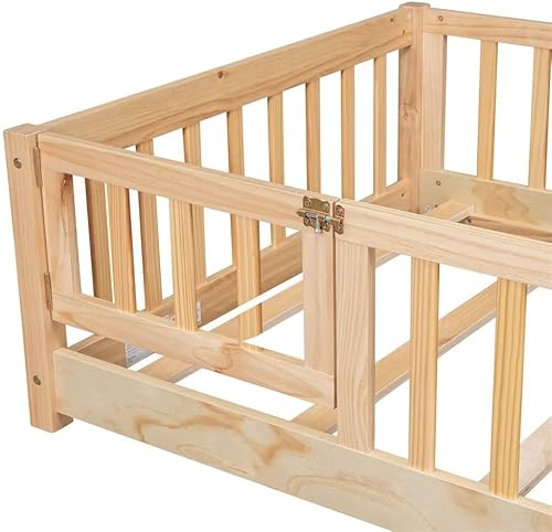Miniatura 7 de Cama de suelo de tamaño individual, marco de cama Montessori de madera maciza con barandillas en forma de valla y puerta pequeña y listones de