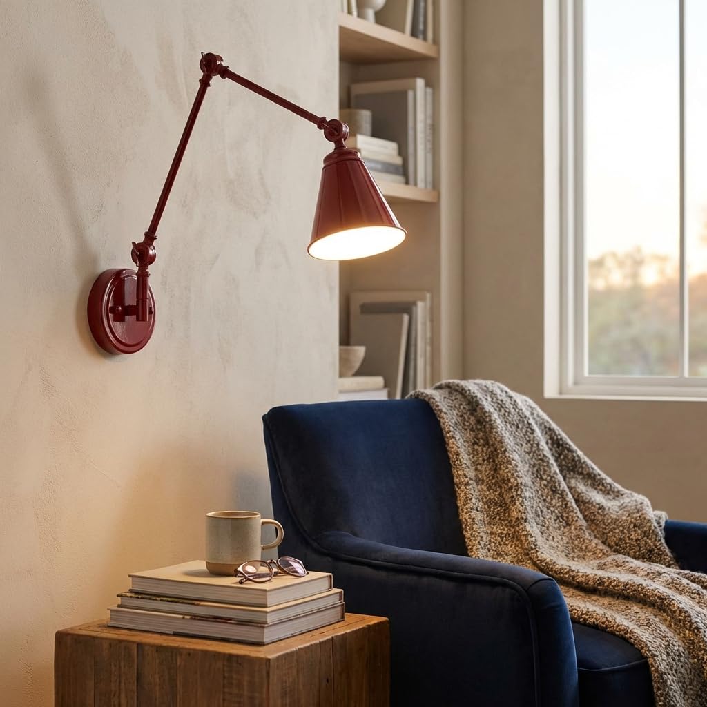 BARCELONA LED Applique da Parete Rosso con Braccio Regolabile, Alluminio di Alta Qualità, Stile Classico e Moderno, Illuminazione Lusso Retrò e Industriale per Camera, Soggiorno o Ufficio