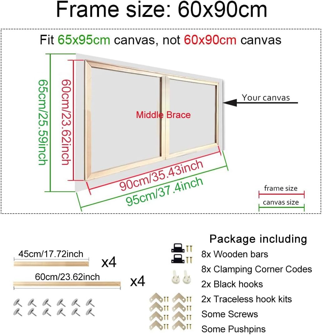 Wood Canvas Stretcher Bars 60cm x 90cm Wooden Art Frames Sturdy Stretcher Frames for Oil Paintings, Paint by Numbers & Posters