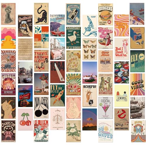 Nardo Visgo Vintage Wall Decor Postcards Set - 50 Pcs 4x6 Inches Retro Aesthetic Collage Kit Blank Back Greeting Cards Thick Cardstock Poster Prints for Bedroom Dorm Living Room Aesthetic Decor