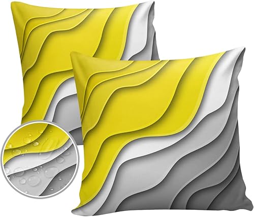 Fundas de almohada modernas impermeables para exteriores, diseño abstracto de ondas amarillas, grises, decorativas, decorativas, degradado, paquete