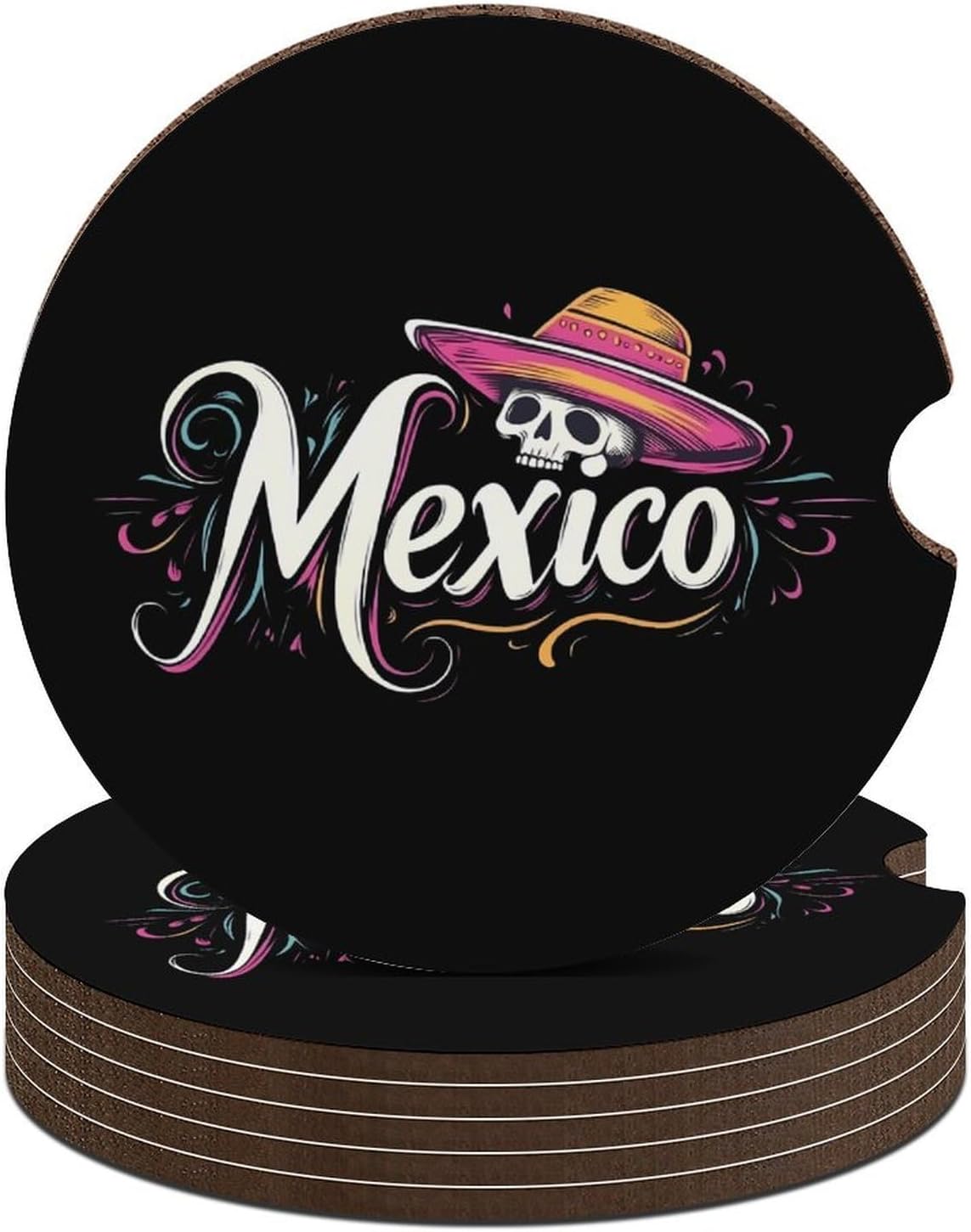Mexico with Skull Head Car Cup Holder Coaster with Cork Base 2.6 Inches Anti Slip