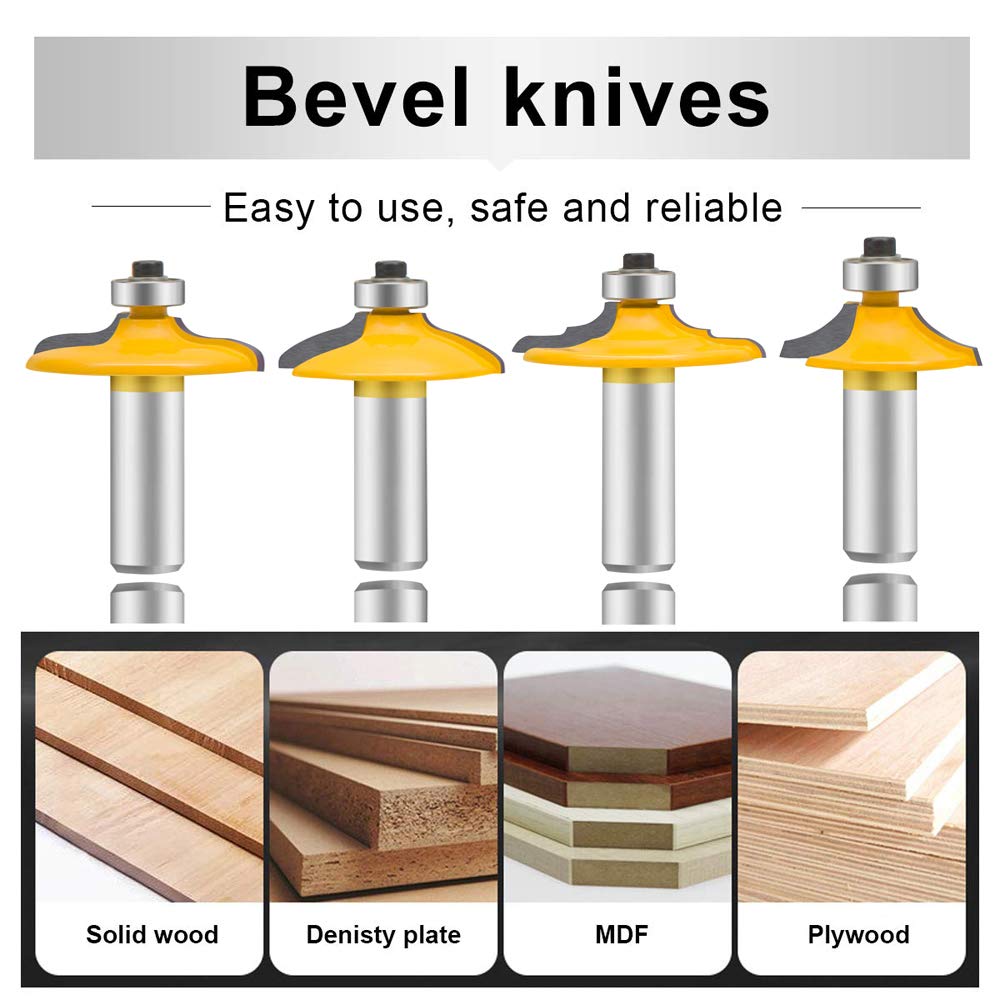 LEATBUY Door&Drawer Front Edging Router Bit Set 1/2-Inch Shank 4 PCS, Woodworking Milling Cutter Tools, Carbide Cutter CNC Router(1/2-shadow)