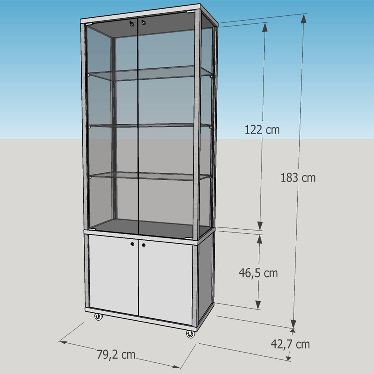 Glasvitrine T 43 x B 79 x H 183 cm - breite Ausstellungs-Vitrine mit Unterschrank abschließbar - Glas Vitrinenschrank - ohne Beleuchtung