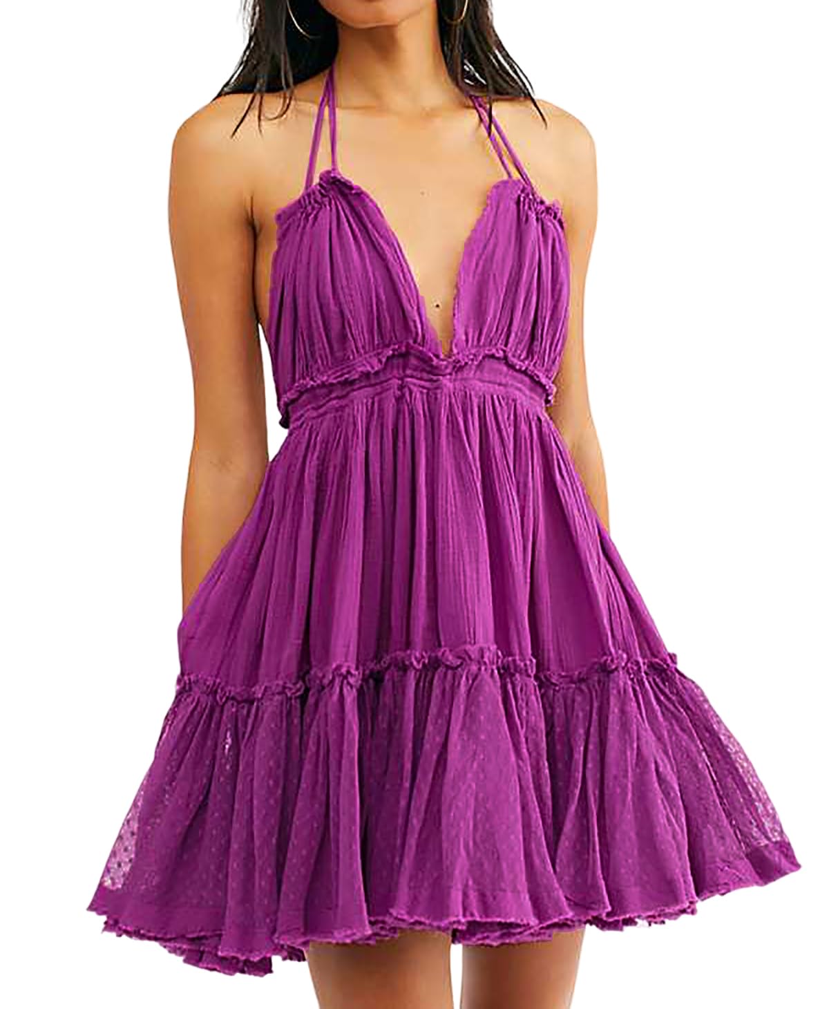 R.Vivimos Women's Halter V-Neck Patchwork Mini Short Dresses - Medium - Plum