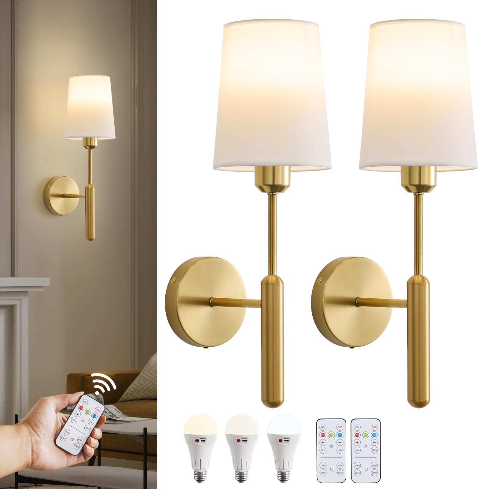 Powfloven Gold Wireless Battery Operated Wall Sconce Set of 2, Cordless  Battery Powered Wall Lights with Remote, Dimmable Rechargeable Wall Lamp  Decor