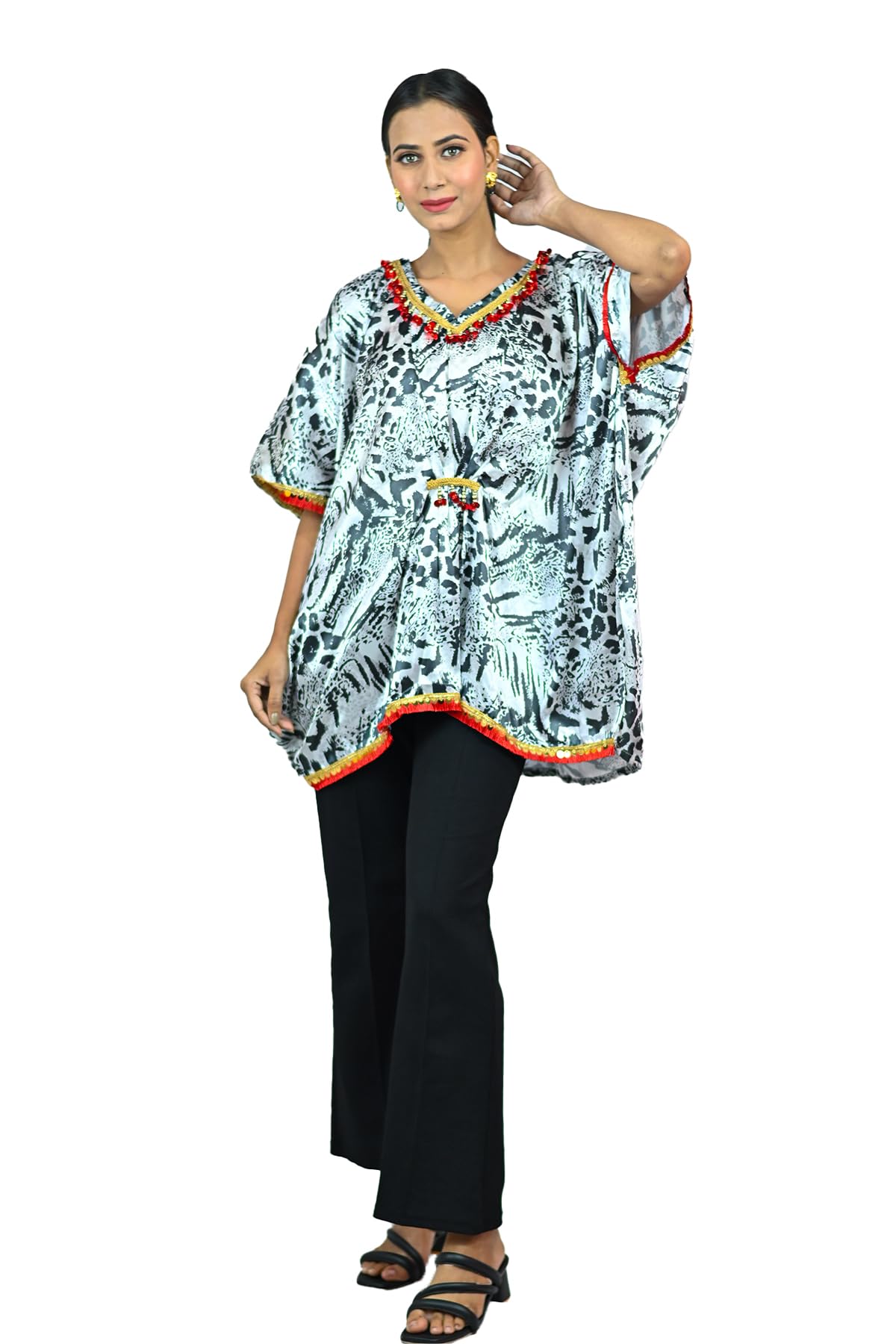 Women's Polyster Satin Kaftan Top (Black and White)-image-41