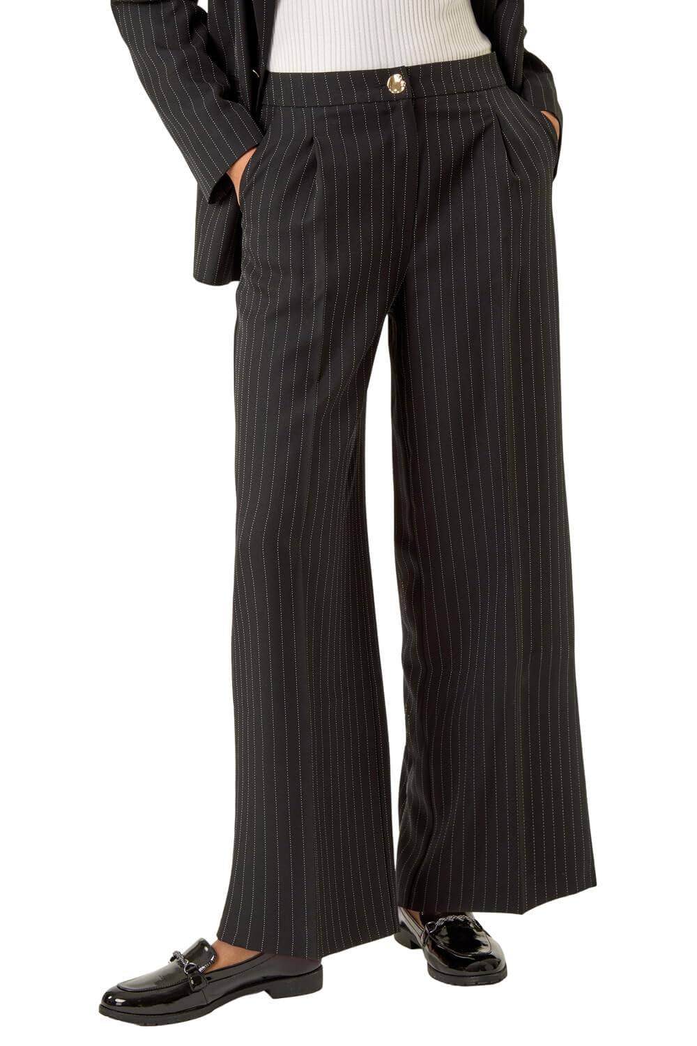 Roman Women's Black Pinstripe Wide Leg Trousers Size 20