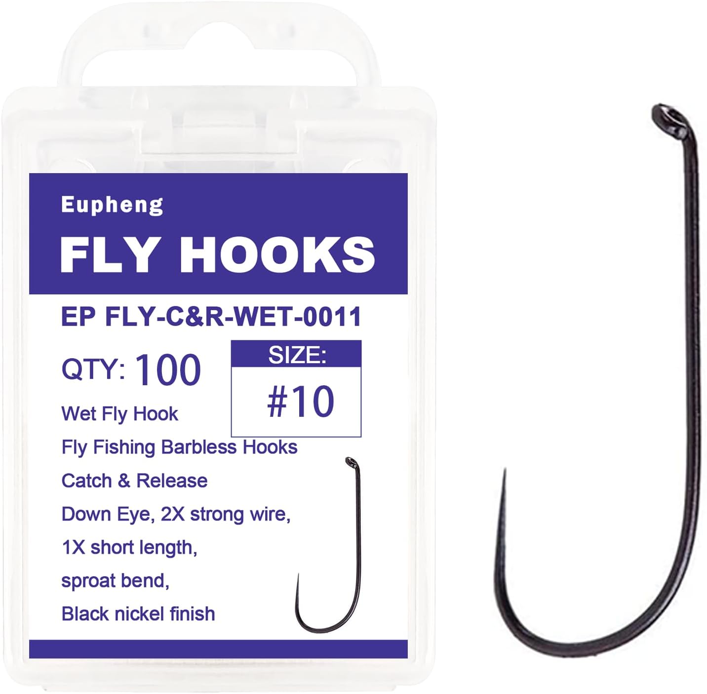 Eupheng Fly Fishing Hooks 100pc Pack Barbless Catch & Release Dry Wet Nymph Shrimp&Pupa, Streamer, Caddis, Jig, Scud Flies Fishing Hooks