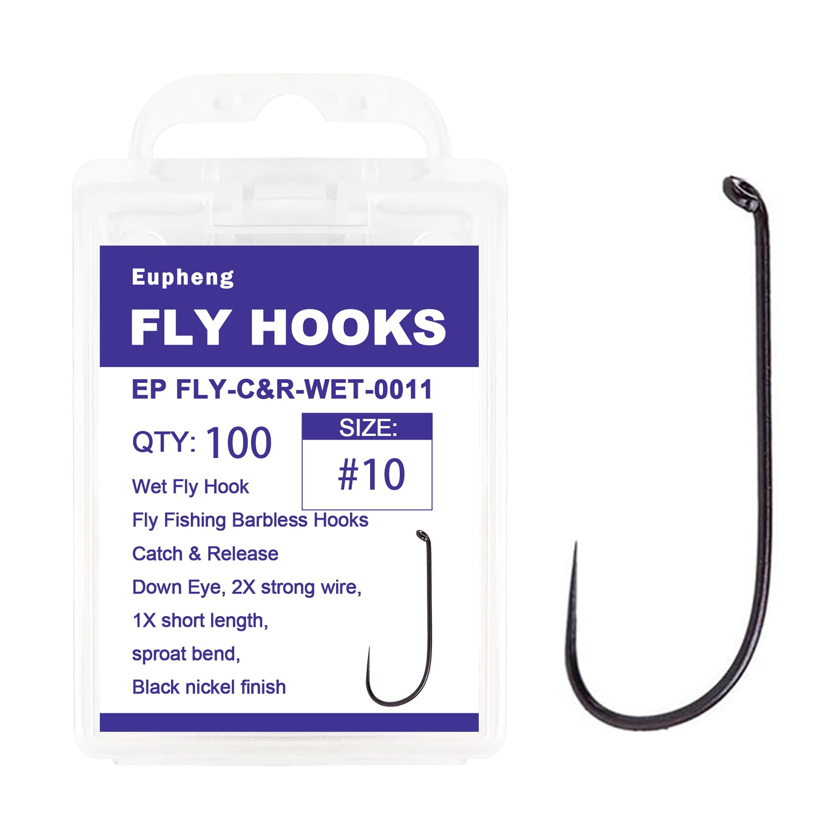 Eupheng Fly Fishing Hooks 100pc Pack Barbless Catch & Release Dry Wet Nymph Shrimp&Pupa, Streamer, Caddis, Jig, Scud Flies Fishing Hooks