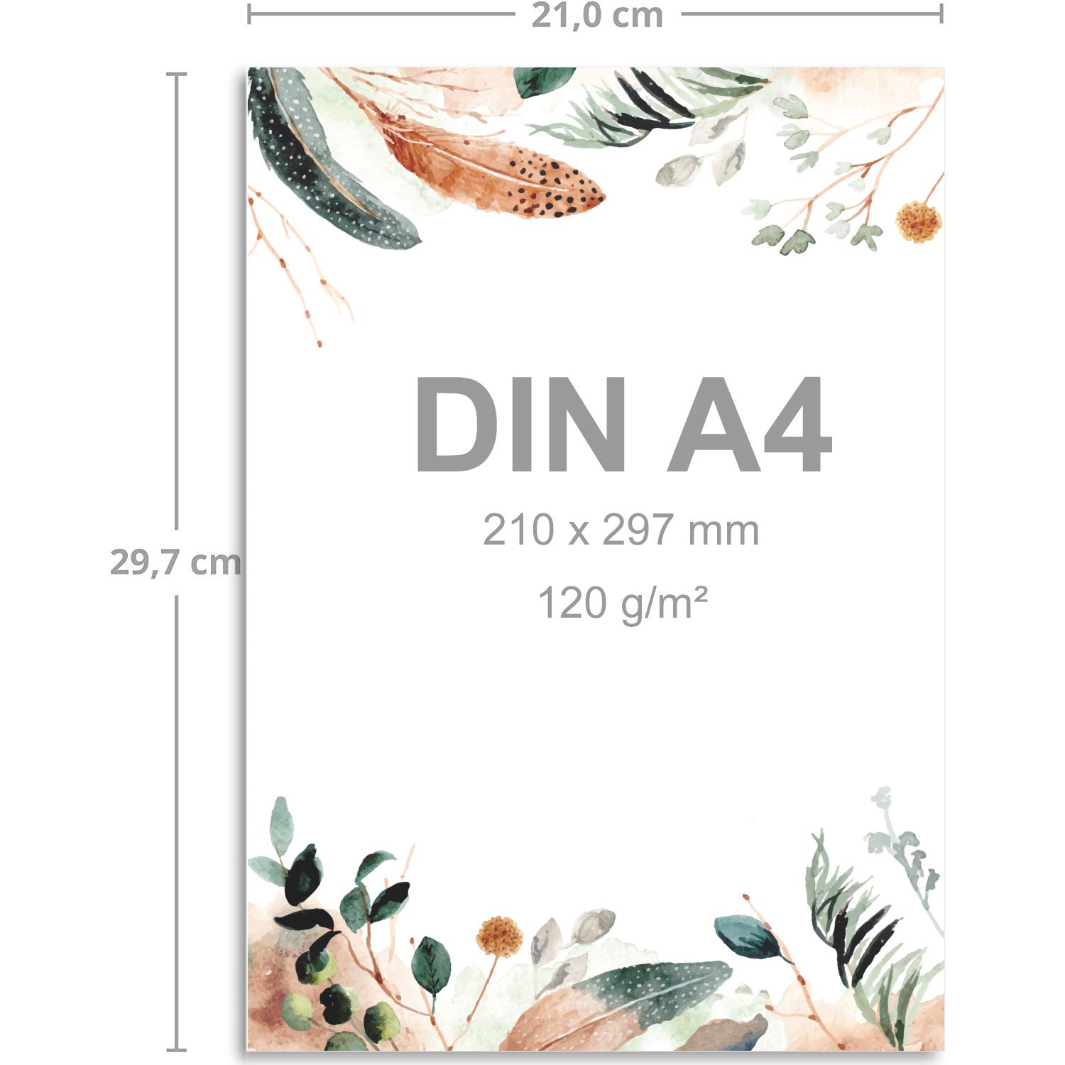 250 juegos de cartas DIN A4 - papel natural en popurrí natural crema con plumas y ramas - con sobres DIN largo en papel kraft gris / verde papelería imprimible ideal para invitaciones de boda