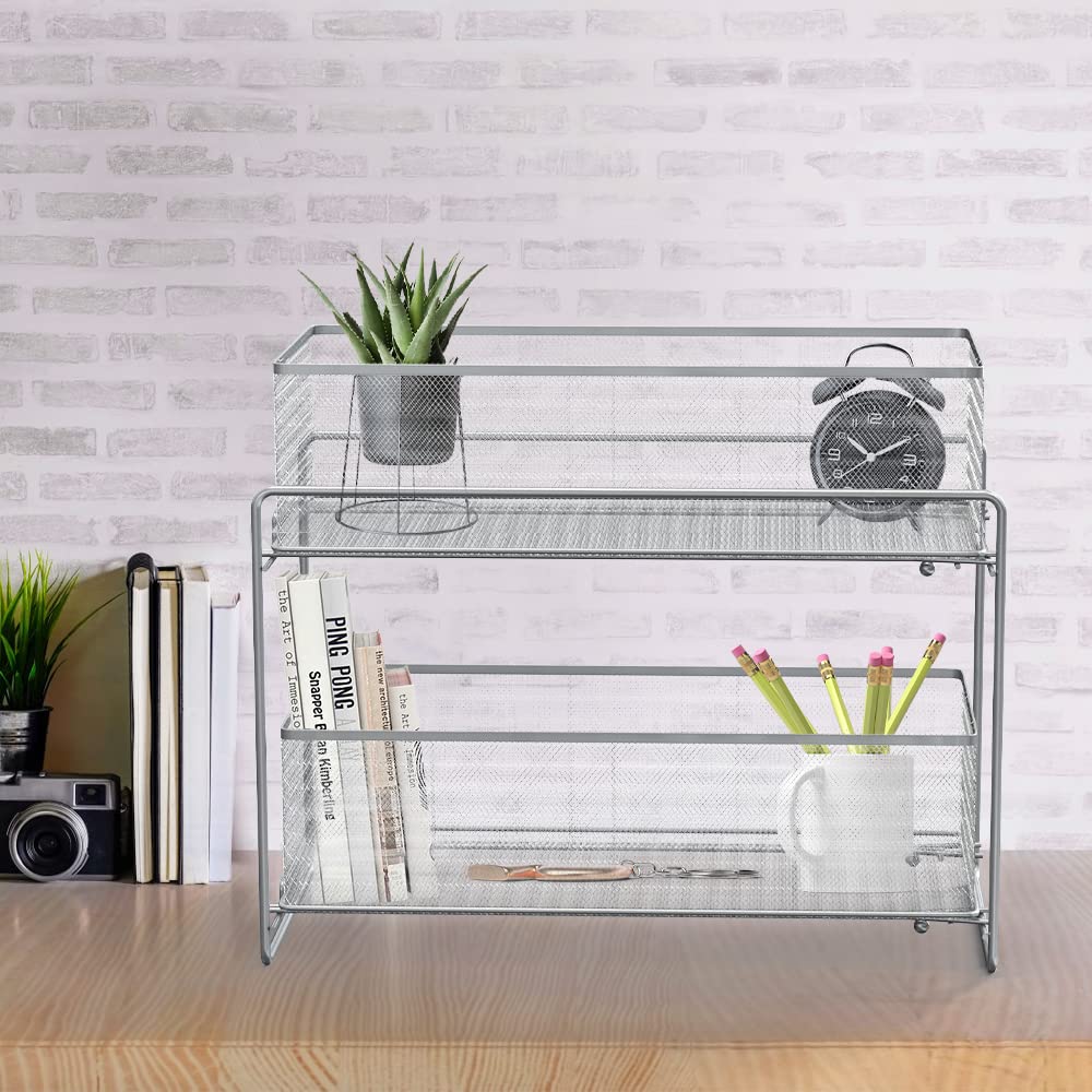 OHMG Cassetto portaoggetti a 2 ripiani per cucina e bagno, cestino portaoggetti scorrevole in metallo, per casa e ufficio, rivestimento