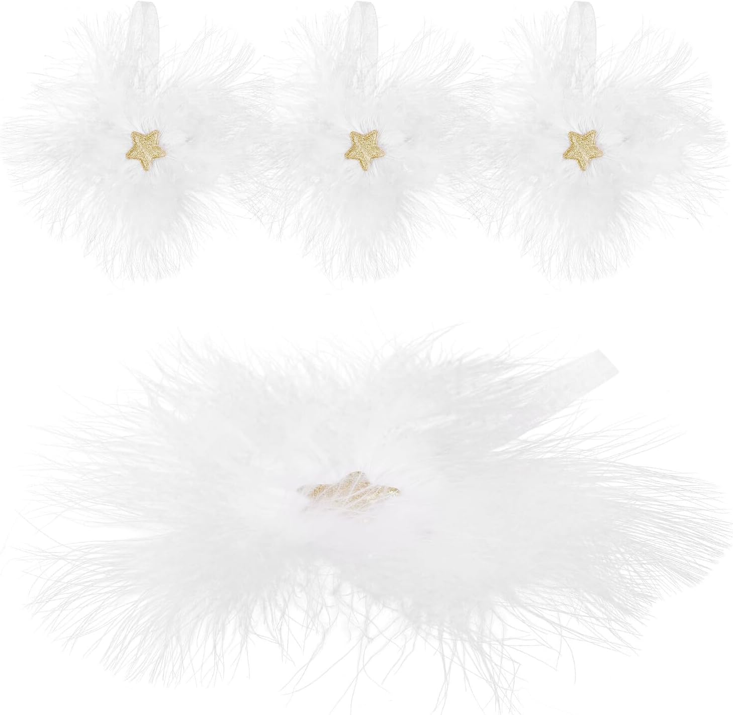 4pcs Gold Five-Pointed Shape White Plume Xmas Tree Hanging Ornaments Set, Christmas Pendants with Feather, Holiday Party Decoration for Home and Xmas Scene Layout